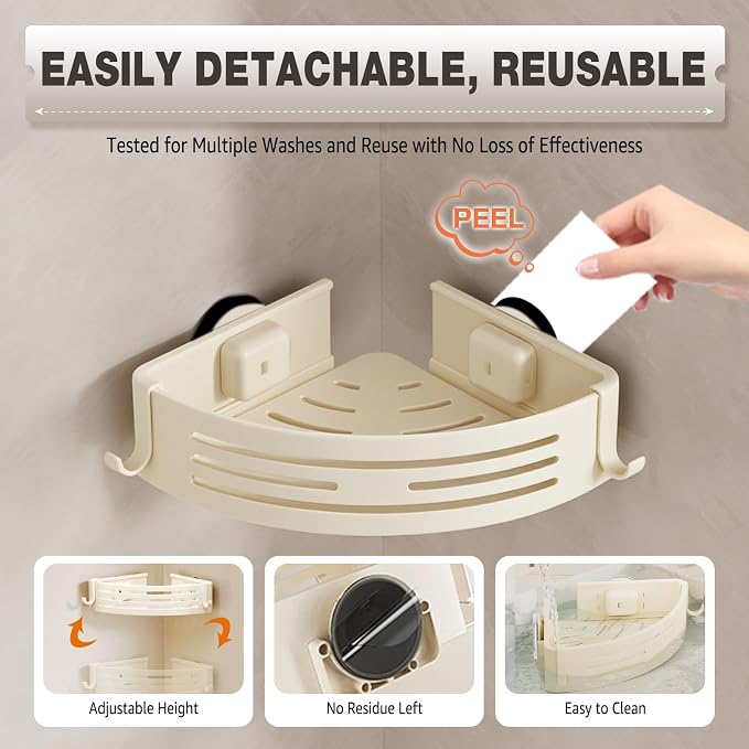 Conworld Corner Shower Caddy Suction Cups, No-Drilling Corner Shower Shelf | 1. No Drilling, No Wall Damage 2. Aluminum, Rustproof 3.Suitable for Ceramic Tiles and Glass Walls