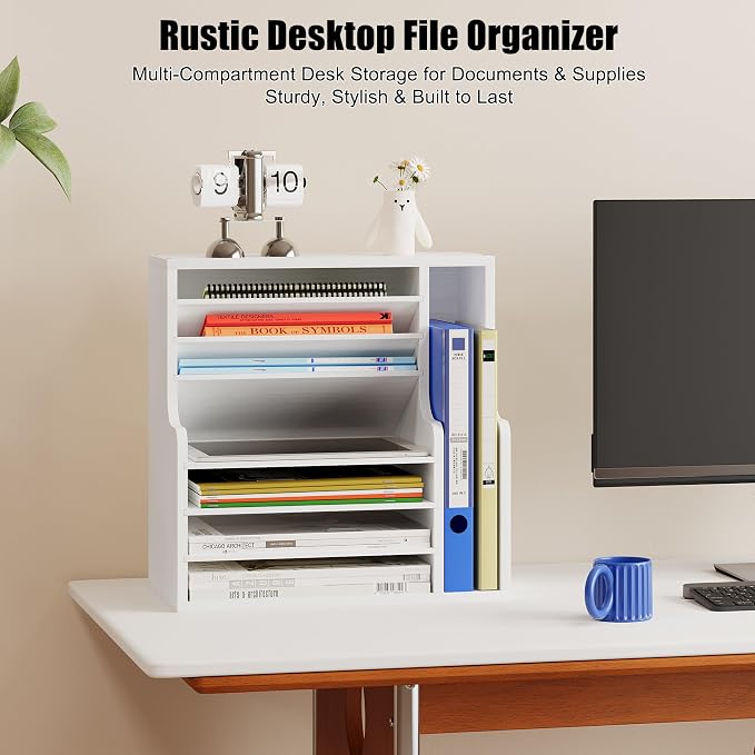 Wood Desktop File Holder Organizer Mail Sorter for File Folders, Mails, Envelopes or Magazines, 8 Compartments (White)