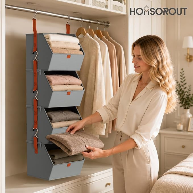 Homsorout Hanging Closet Organizer 4 Tier - Clothes Hanging Shelves, Space-Saving Closet System, Fabric Storage Bins Bedroom Organization, Collapsible Baskets for Home, Dorm, Rv, Grey