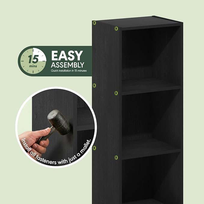 Furinno Pasir 3-Tier No Tool Assembly Open Shelf Bookcase, Blackwood