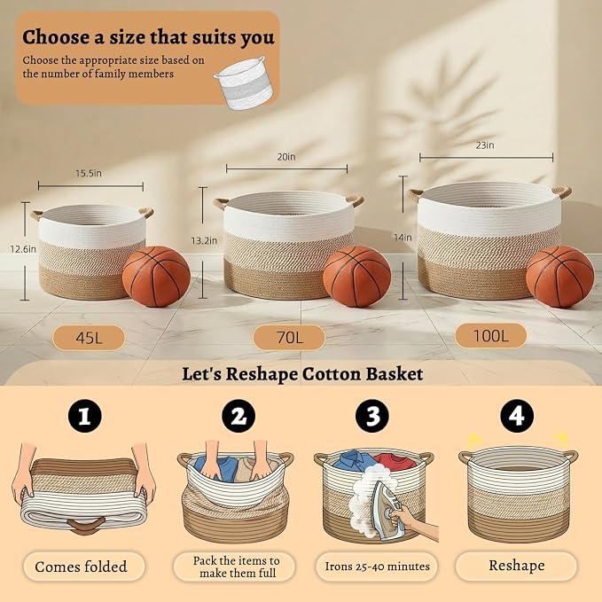 Artfeel 70L Large Cotton Rope Basket, Decorative Woven Blanket Storage for Living Room, Boho Toy Storage & Toy Box for Kids, Versatile Laundry Basket & Nursery Hamper for Blankets(Brown)