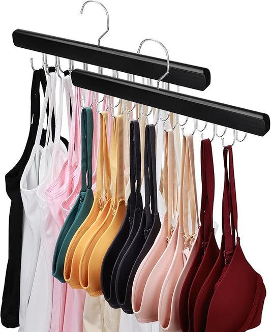 NECAMOCU 2 Pack Bra Hanger for Closet Organizer, Premium Tank Top Hangers | Black Wooden Bra Holder with 36 Foldable Hooks, 360° Rotating Design, Space Saving Storage for Tank Tops, Bras, Belts