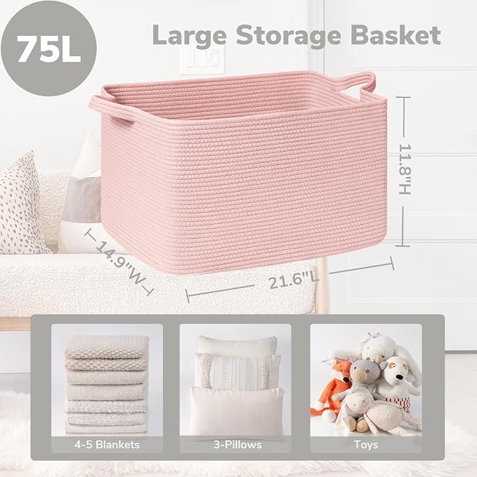 Goodpick Large Woven Storage Basket, Rectangle Toy Organizer, Pink | 21.6 x 14.9 x 11.8 in, Reinforced Handles, Living Room, Bedroom & Nursery Organization, Toys & Blankets Storage