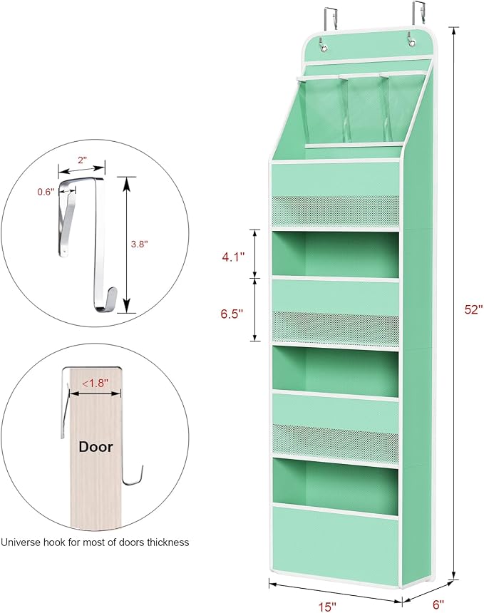 Univivi Fabric Over Door Hanging Organizer for Baby Nursery, Green, 5-Shelf | Door Storage with Large Capacity Breathable Mesh Pockets, Over Door Storage Organizer for Baby Essential, Bedroom, and Dorm