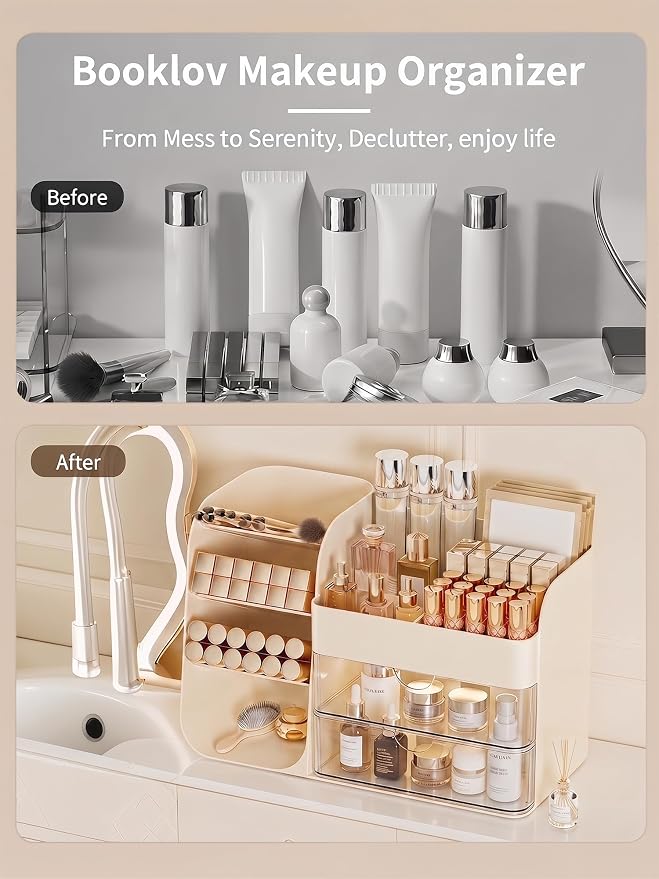 Booklov Small Makeup Organizer for Vanity Countertop, Cream | Clear Acrylic Cosmetic Display Case, Beauty Brush Holder for Bathroom Counter, Make Up Skincare Lipsticks Storage