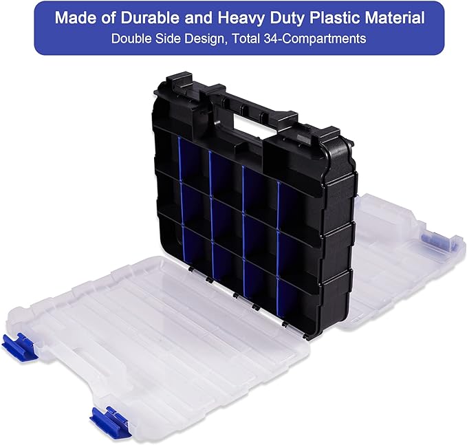 Small Parts Storage Case Tools Box Organizer Double Side 34 Compartments Hardware Organizers with Removable Plastic Dividers for Screws Nuts Nails Bolts