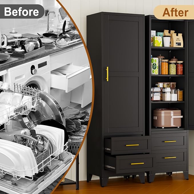Tall Metal Narrow Storage Cabinet 67" H with 2 Drawer, Black Pantry Cabinets with 3 Adjustable Shelves and Door,Tall Bathroom Cabinet for Kitchen, Home Office, Living Room, Dining Room