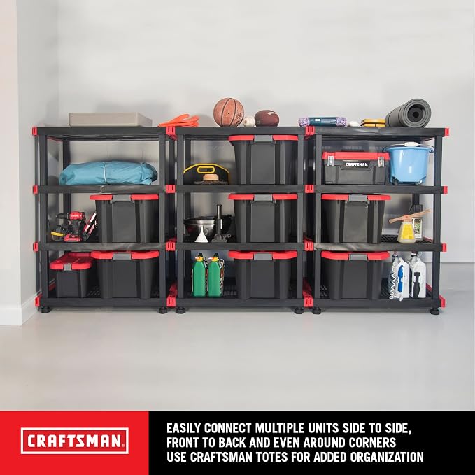 CX Craftsman 4-Tier Heavy Duty Plastic Storage Shelves, Garage Organization | 4-tier storage rack organizes garages, workshops & basements, 200 lb/shelf, 55H x 40W x 24D, easy assembly, black/red