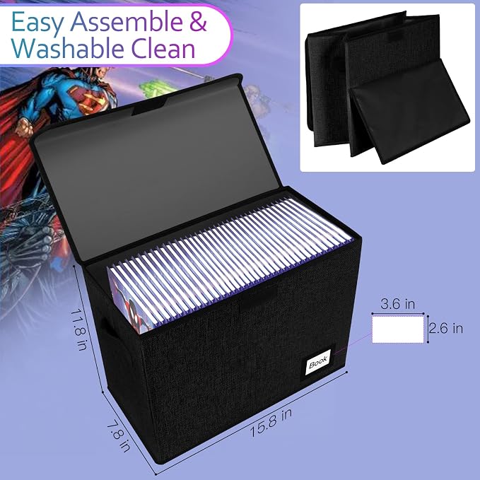 2 Pack Comic Book Storage Box, Comic Protector Organizer, 15.8" X 7.8" X 11.8", Collapsible Comic Short Box, Holds 160-180 Comic Book Heavy Duty Container Holder Shelf Bin (Black)