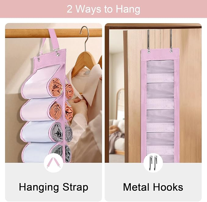 DHSFKBE Legging Organizer Storage, 2PCS T Shirt Organizer, Foldable Hanging Closet Organizer Storage with 26 Roll Independent Compartments for Yoga Pants, Tank Top, Towel, Underwear (Pink)