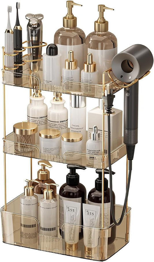 YCIA&DONE Luxury Bathroom Counter Organizer, Large Makeup Organizer Countertop, Shelf Organizer, Vanity Tray, Easily Assemble for Bathroom Organizers and Storage, Undersink, Cabinet,3 Tiers Amber