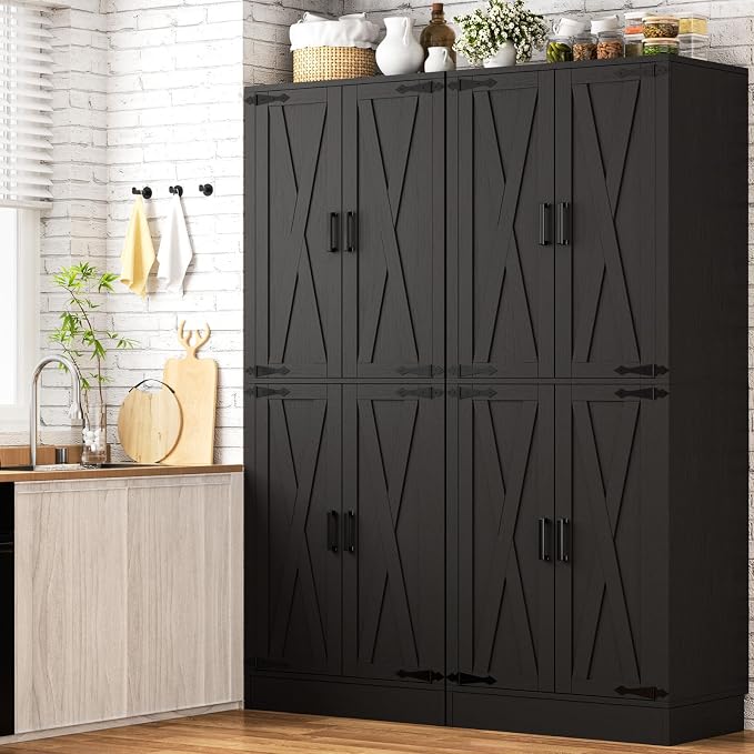 Unikito Black 71" Tall Kitchen Pantry Cabinet, Hidden Drawer and Farmhouse Barn Doors, 4 Adjustable Shelves, Freestanding Cupboard for Kitchen, Dining Room, Living Room, Utility Room