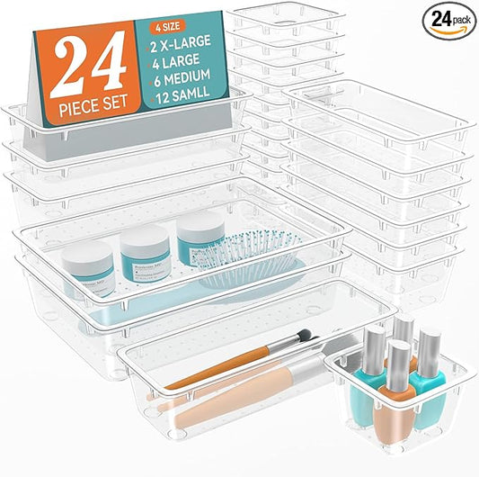24 PCS Drawer Organizer Set, Makeup Organizers, Tool Storage Trays | 4 Sizes, Plastic, Stackable, Multiple Gadgets, Desk Drawer Divider Organizers, for Makeup, Office Supplies Storage
