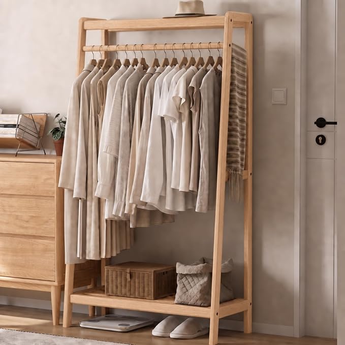 Solid Wood Clothes Rack, Clothing Rack with Shelves for Bedroom, Living Room, Entryway, 16" x 35" x 63", Oak Wood, Natural