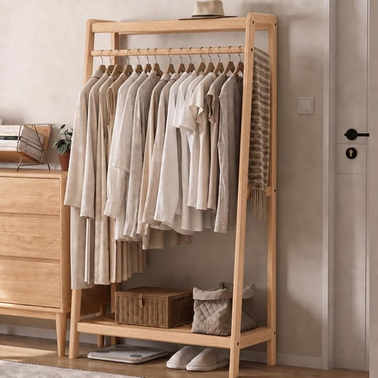 Solid Wood Clothes Rack, Clothing Rack with Shelves for Bedroom, Living Room, Entryway, 16" x 35" x 63", Oak Wood, Natural