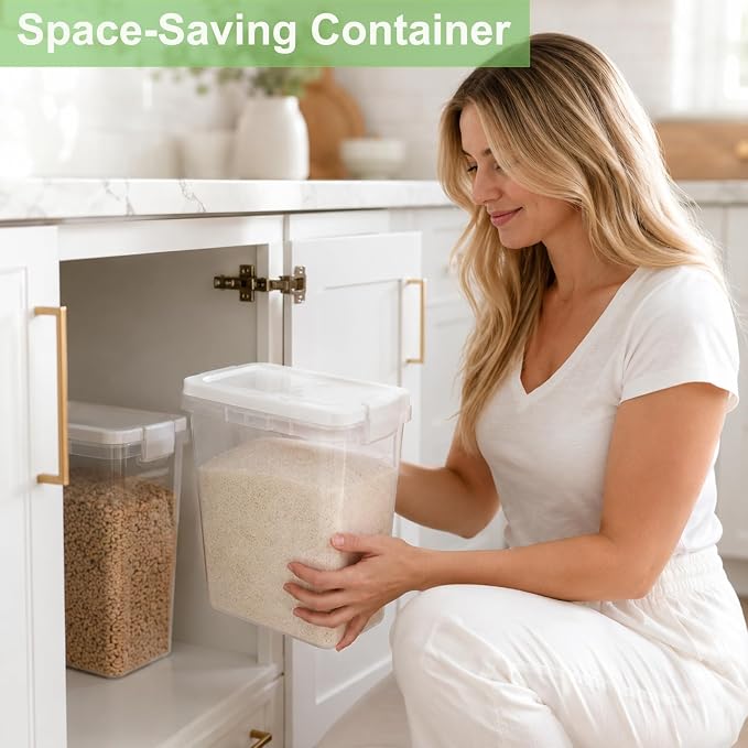 Rice Storage Container 10-15 Lbs, Airtight Flour Dry Food Bin with Scoop | Tight-Lock, Food-Grade Plastic Food Storage Container Dispenser for Cereal, Sugar, Kitchen, Pantry Organizers and Storage