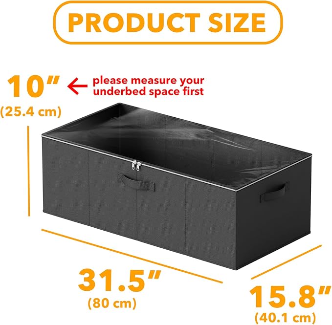 SpaceAid 2 Pack 10" High Under Bed Storage Containers, Large Underbed Storage Organizer Bins with Lids for Bedroom, Dorm, Clothes, Closet Organization, Bed Sheets and Blankets (Black)