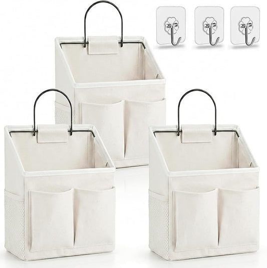 Kanrichu 3pcs Wall Hanging Organizer Bag, Linen Fabric Door Hanging Storage Basket with Pockets, Waterproof Bin for Kitchen, Bedroom, Office, RV Camper (White-Upgraded)