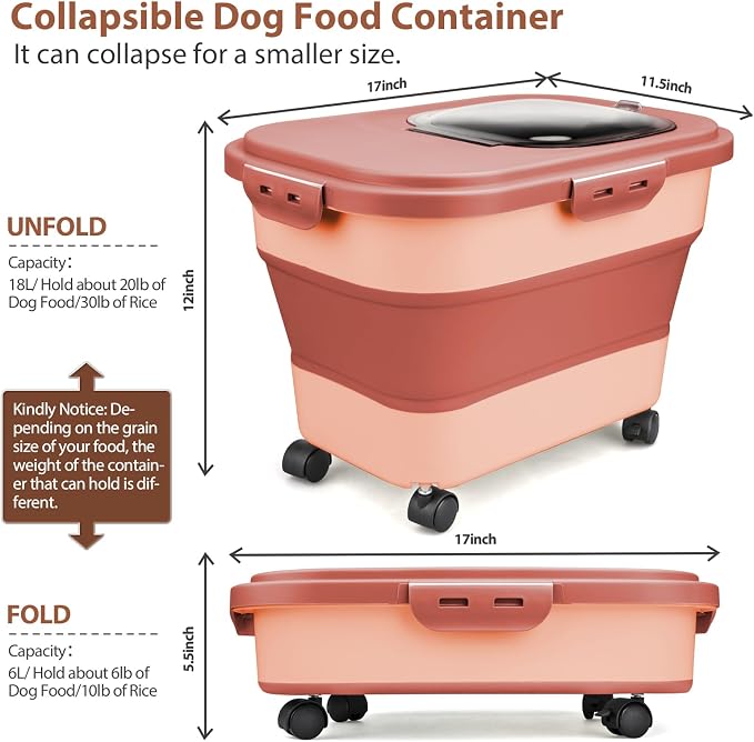 Viretec Dog Food Storage Container, 10-20Lbs Collapsible Pet Food Storage Containers with Rolling Wheel Airtight Locking Lid, Dry Food Storage Bin with Cup and Scoop,Suitable for Pet Food, Rice, Flour