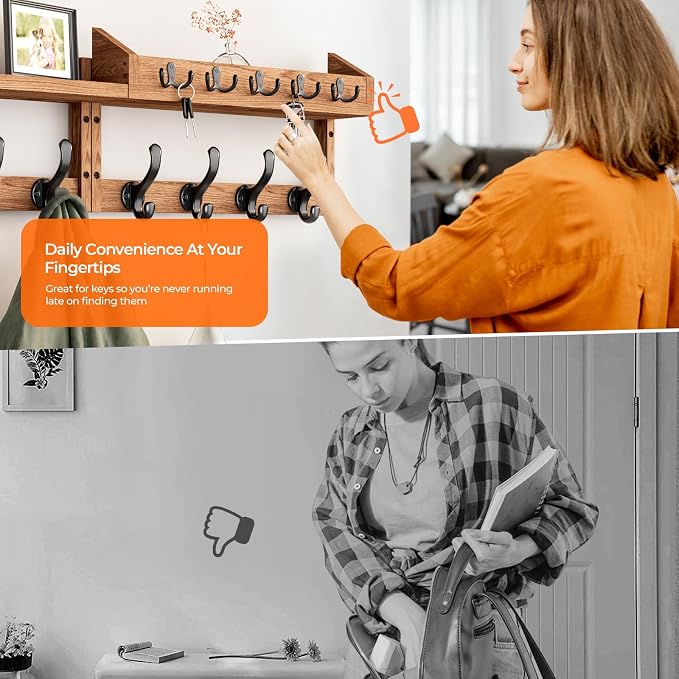 Evermagin 35" Coat Rack Wall Mount with Shelf & 13 Hooks, Entryway, Brown | 4-in-1: coat hooks, key hanger, mail holder & display shelf. Pine wood. For bedroom, hallway, mudroom, livingroom