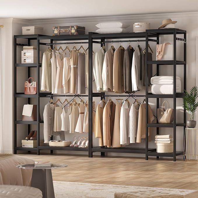 Bamboo Clothes Rack Garment Rack for Hanging Clothes, Heavy Duty Clothing Rack with 7 Tiers Adjustable Shelves, Double Rods, 4 Hooks, Freestanding Closet System Organizer Wardrobe, Black