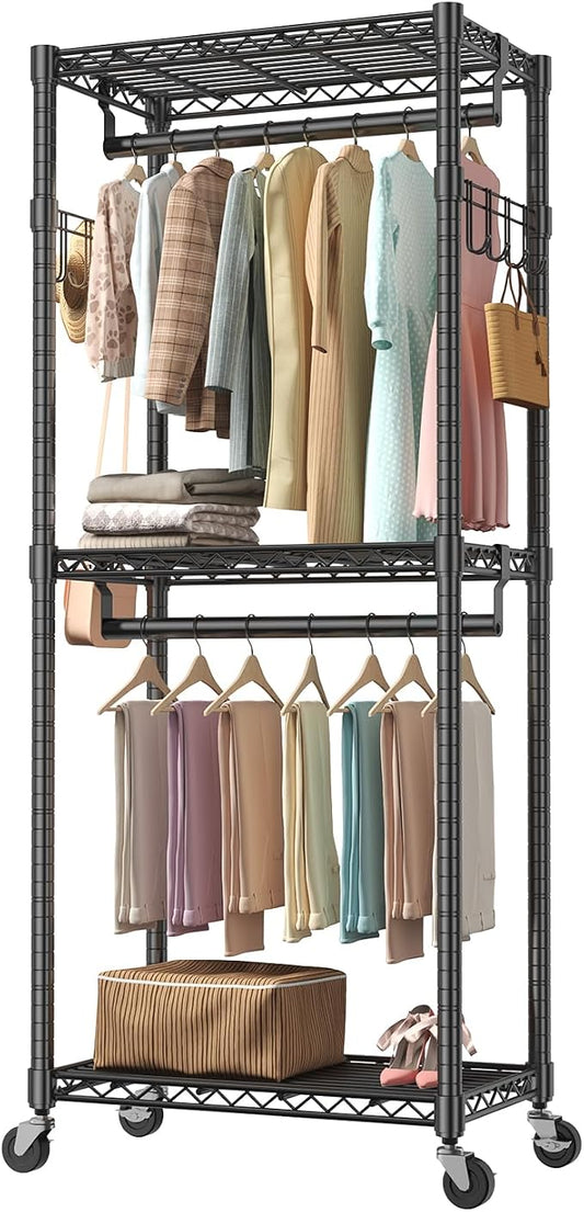 OLIXIS Clothes Rack Heavy Duty Adjustable Garment Clothing Rack with Wheels, Rolling Metal Freestanding Closet Organizer for Hanging Clothes with 2 Side Hooks, Double Rods, 29.5"x15.7"x75.6", Black