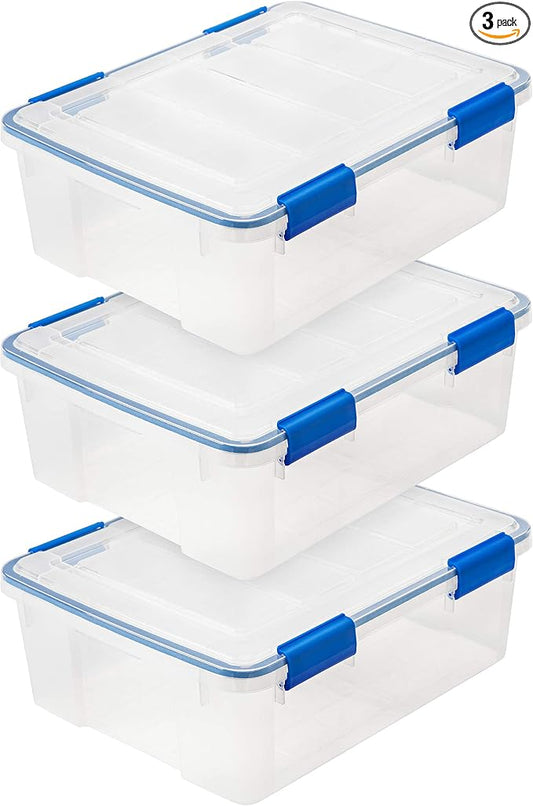 IRIS USA 3-Pack 26.5 Qt Storage Bins with Gasket Lids, Clear/Blue | WeatherPro seal protects everyday essentials in closets, offices and laundry rooms
