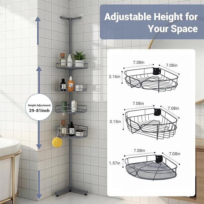Standing Shower Caddy Corner, 4-Tier Adjustable Height Bathroom Organizer, 6-Section Pole, Sturdy Floor Standing Shelf for Shower or Bathtub – No Drilling, No Spring Tension (Gray)