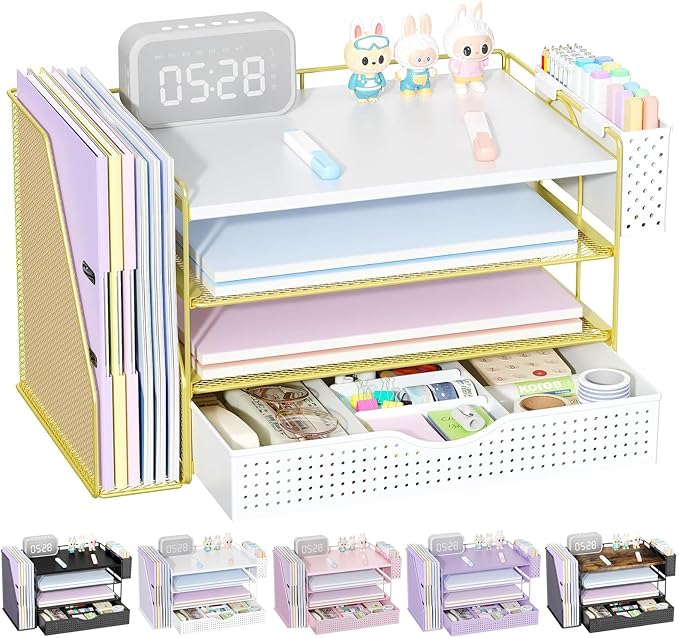 gianotter Wood Desk Organizers and Accessories with File Holder, 4-Tier Desk Accessories & Workspace Organizers with Drawer and Pen Holder, Desk Reference Organizer (Gold, 4T with Drawer)