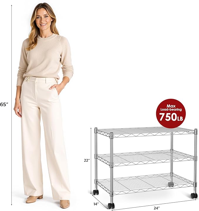 Simple Deluxe 3-Tier Storage Shelves, 750 Lbs Loading Capacity, 24.02" W x 13.78" D x 21.97" H Shelving Unit for Garage, Pantry and Kitchen, Chrome