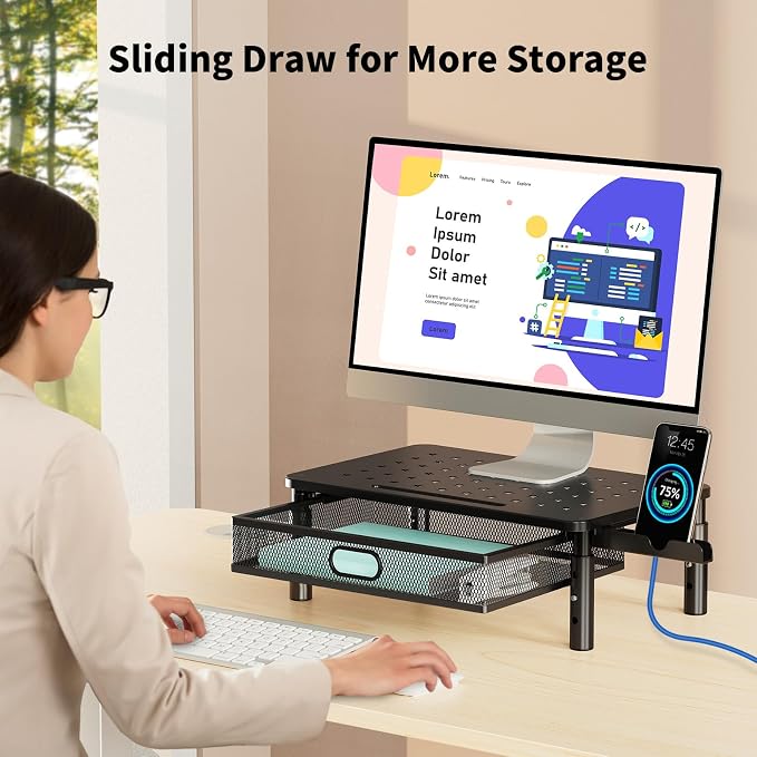 Zimilar Monitor Stand Riser with Metal Mesh Drawer, Height Adjustable | Monitor Riser with Phone Holder for Computer, Laptop, Printer, Notebook, Metal Computer Monitor Stand with Storage