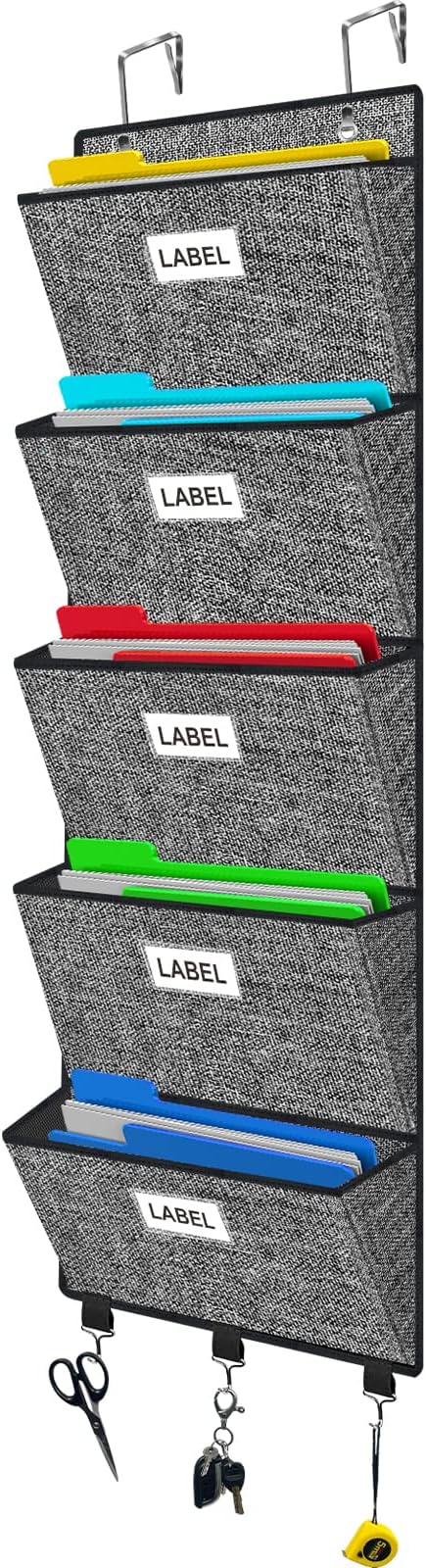 Over the Door File Organizer, Hanging Wall File Folders with 5 Large Pockets for Papers, Charts, Mails, Magazine, Office and Back To Supplies Storage and Organization (Black)