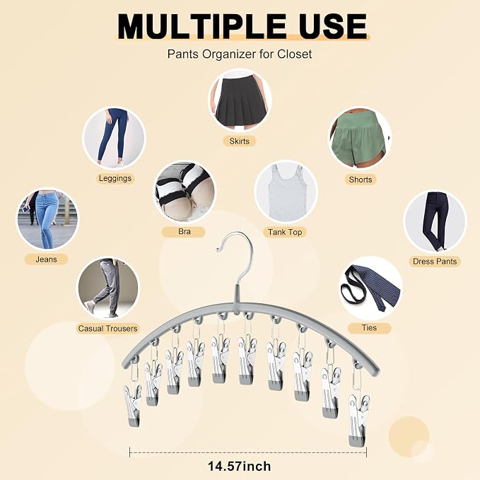 Volnamal Legging Organizer for Closet, Metal Yoga Pants Hanger w/Rubber Coated 4 Pack w/10 Clips Hold 40 Leggings, Hangers Space Saving Hanging for Closet Organizers and Storage-Gray