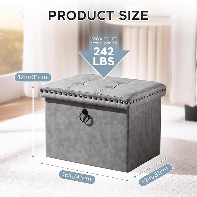 oakvivo Storage Ottoman Cube 16x12x12 inches, Small Faux Leather Tuffed Foot Rest Stool with Rivet Design, Foldable Ottomans Footstool, Box Chest for Bedroom, Entryway, Load 242 lb, Grey