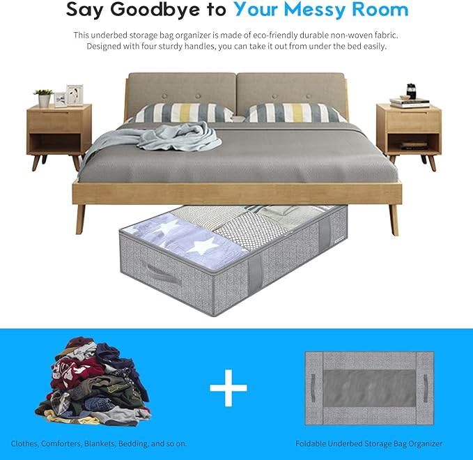 Onlyeasy Large Underbed Storage Bags Organizer Container (2 Pack) with 4 Handles and 2 Sturdy Zippers, Blankets Clothes Comforters Foldable Storage Bags with Clear Window, Herringbone Grey, MXRUBBP2