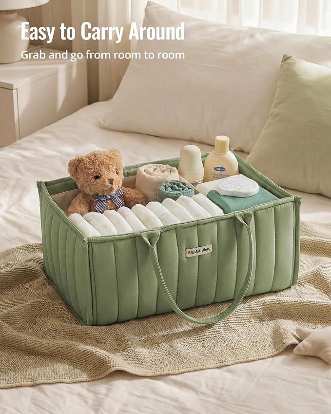 Blissful Diary Baby Diaper Caddy Organizer, Stylish Storage Basket for Newborn Essentials and Diaper Station, Gift for Baby Shower and Registry Must-Have, Sage Green