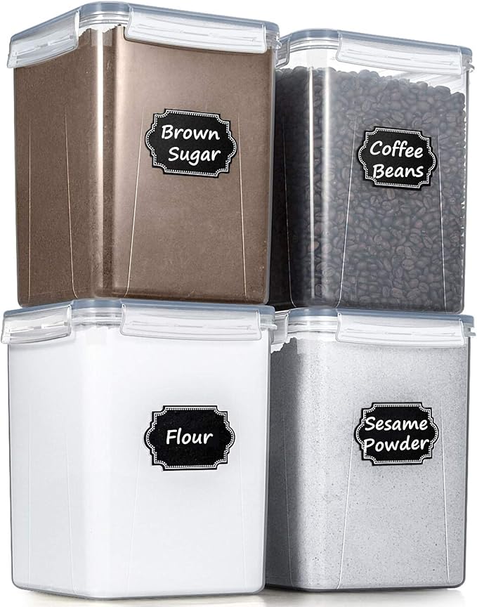 Wildone Flour Storage Containers 5.2L, 4 PCS Food Storage Containers, Gray | For Bulk Flour and Sugar Storage, Airtight Seal, BPA Free, Food Grade Material, 20 Labels Included