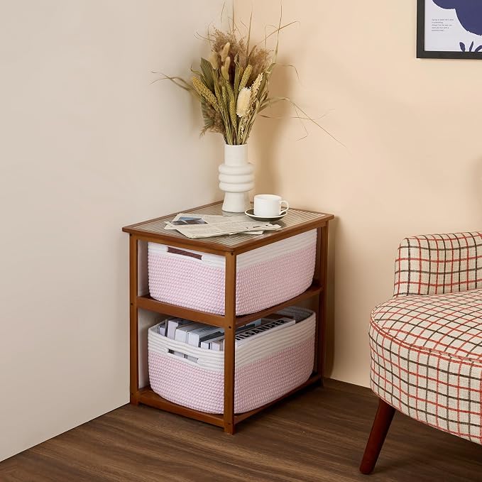 MiniArk Large Storage Baskets for Shelves, 17 x 13 x 7.5” Closet Organizers Bins for Clothes Blanket Towels, Baby Nursery, Toy Baskets Box, Woven Rope Baskets, 3 Packs Woven Pink