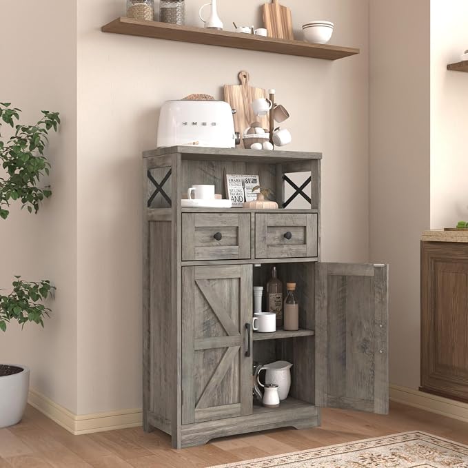 Farmhouse Storage Cabinet Set of 2, Small Kitchen Pantry Coffee Bar Cabinet | Accent Buffet Cabinet Cupboard, 2 Drawers, Barn Doors & Adjustable Shelves, for Kitchen/Entryway/Bathroom, Rustic Gray