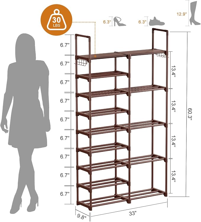 WOWLIVE 9 Tier 2-Column Shoe Rack, 30-35 Pairs Stackable Brown | Compact 33.75in long fits narrow spaces. Removable layers for boots/heels. Split design for flexible layout.