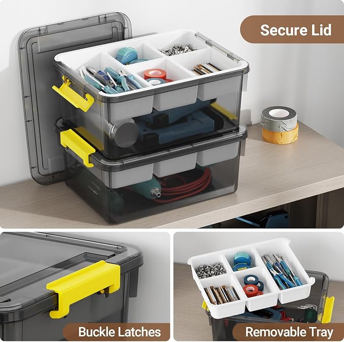 20Qt Stackable Storage Bins with Lids Trays Craft Box Organizers, 1Pack,GY | Clear Plastic Latching Boxes Organizers with Dividers Portable Containers for Arts & Crafts, Home Office Classroom Car Trunk