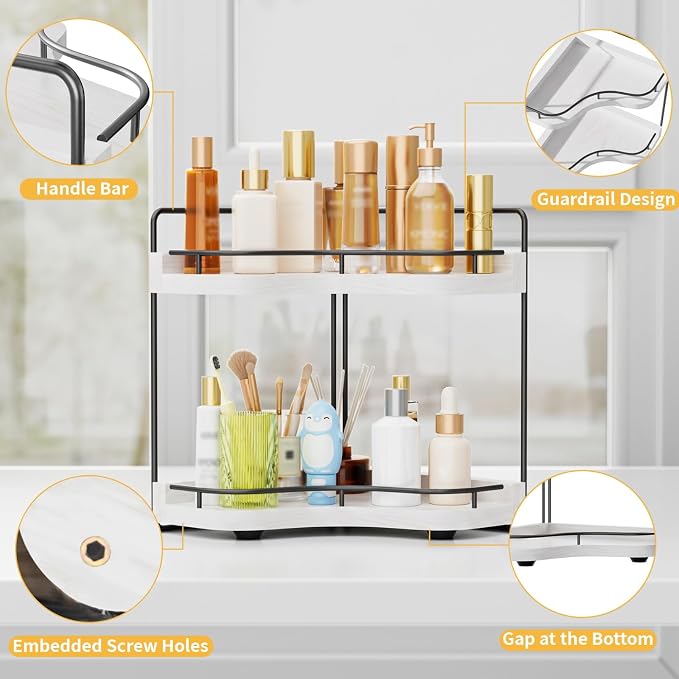 2-Tier Corner Bathroom Counter Organizer, Larger Size | Embedded Screw Holes, Sturdy & Stable, Oversized, Holds More, Vanity Shelf for Makeup & Skincare