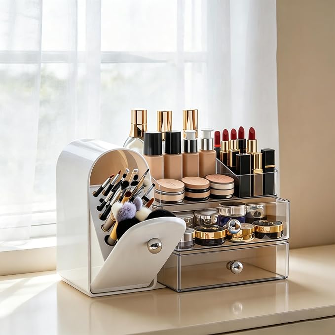 Makeup Organizer with Makeup Brush Holder, 2 Drawer, White | Vanity Desk Organizer with Brush Holder, Compact Countertop, Cosmetic Storage for Lipsticks, Perfumes, Eyeshadow Palettes