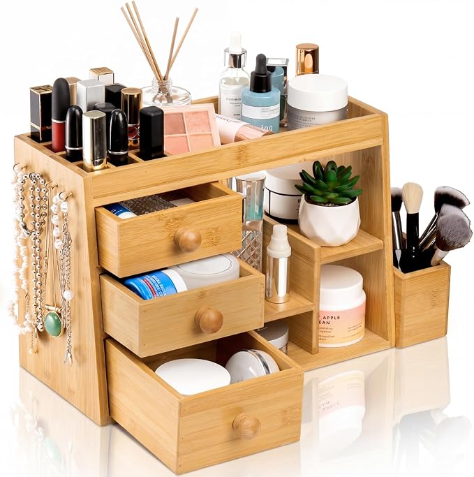 Elsjoy Large Countertop Bamboo Makeup Organizer with 3 Drawers, 12-Grid Lipstick Holder, Jewelry Hanging Hooks, Makeup Brush Holder, Desktop Wood Cosmetic Organizer Stand for Vanity