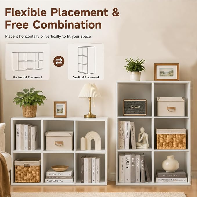 POWERSTONE 6 Cube Storage Organizer, Open Cube Bookshelf with Back Panels, Modern Display Cubby Bookcase for Bedroom Living Room Home Office, White
