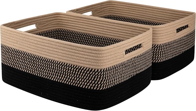 OIASKET Large Storage Basket for Organizing, Woven Rope Basket for Shelves, Closet Organizer Bins for Clothes, Blanket, Toys, Baby Nursery Storage, 17.7" x 13" x 7.87", 2 Packs Black & Brown