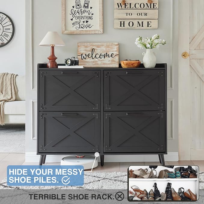 Barnyatoh Farmhouse Shoe Storage Cabinet,Shoe Organizer with 4 Flip Drawers | Freestanding Hidden Slim Narrow Shoe Rack Cabinet,Barn Door Design, Wood Shoes Organizer for Entryway,Foyer,Hallway,Black