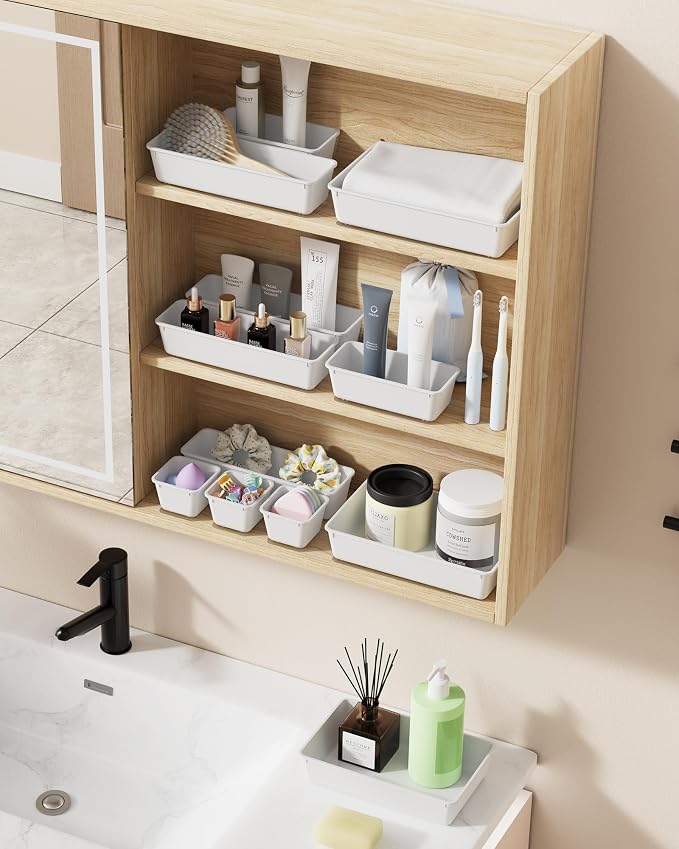 BiuLeon 25 PCS Plastic Drawer Organizers Set, 4-Sizes Vanity and Makeup Organizer, Desk and bathroom Drawer Organizer Trays, Organizers and Storage for Makeup, Jewelry, Gadgets, Utensils (White)