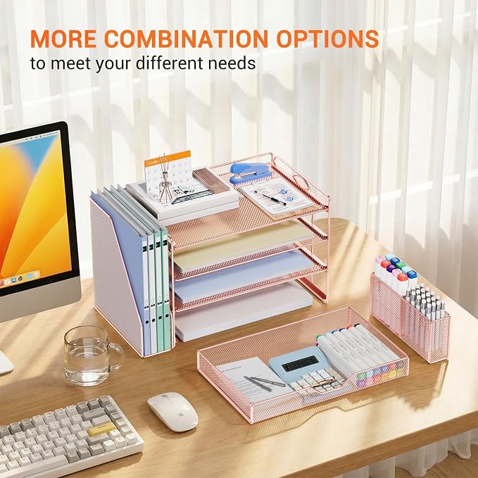 OPNICE Desk Organizer, 4-Tier Desktop File Organizer with Drawer and Pen Holders, Office Desk Accessories, File Sorters, Workspace Organizers for Office Supplies(Rose Gold - Metal Pen Holder)