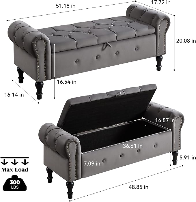 Storage Bench 51" Velvet End of Bed Benches Dark Grey | Queen Size Storage Bench for Bedroom with Rolled Arms Tufted Ottoman Benches Upholstered Bench for Living Room Entryway